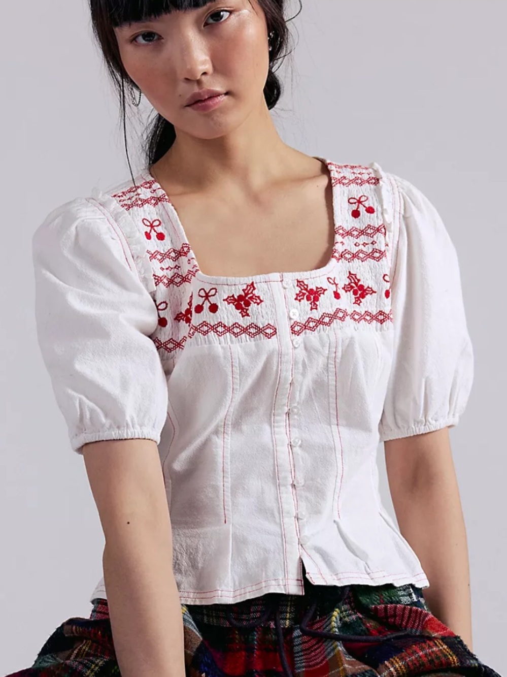 Free People Holly Embroidered Cherry Cotton Short Puff Sleeve Top, Size S, NWT